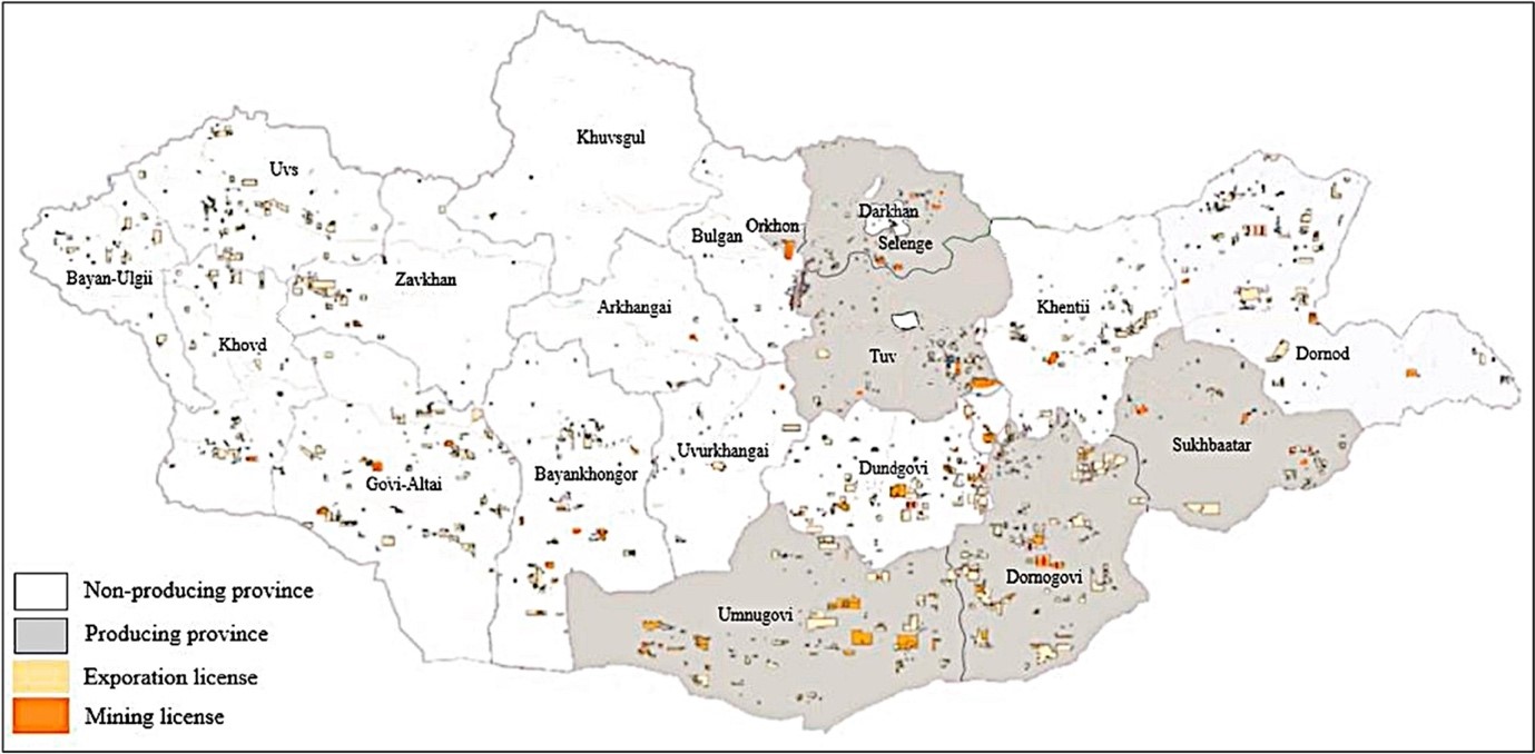 Map of Mongolia with main mineral-producing provinces (Mineral Resources and Petroleum Authority of Mongolia). 